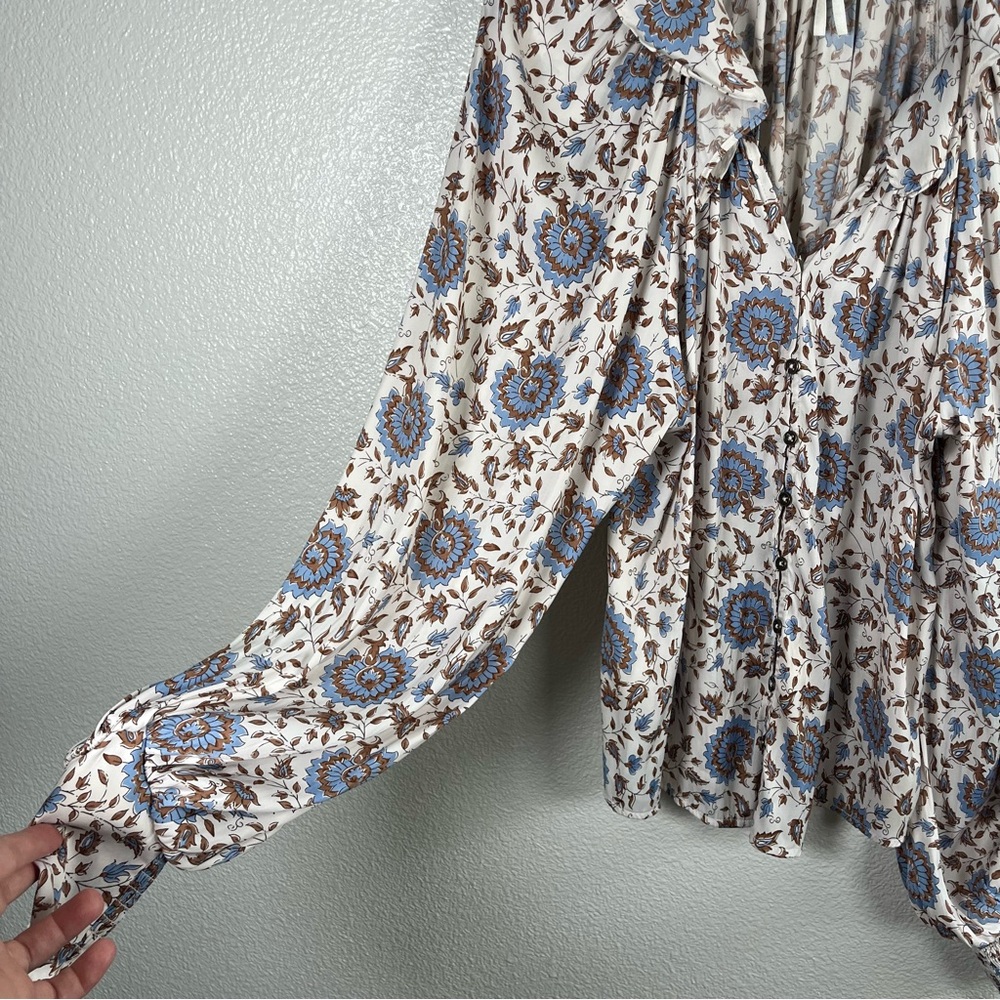 By Anthropologie Button-Front Peasant Blouse Cream Brown and Blue Small - Picture 5 of 8